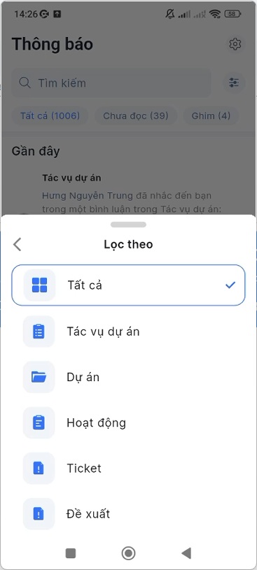 Tick chọn module muốn lọc