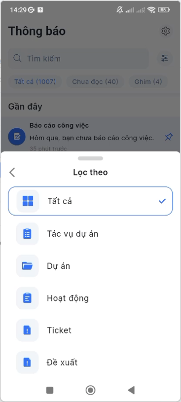 Bỏ lọc và chọn Tất cả