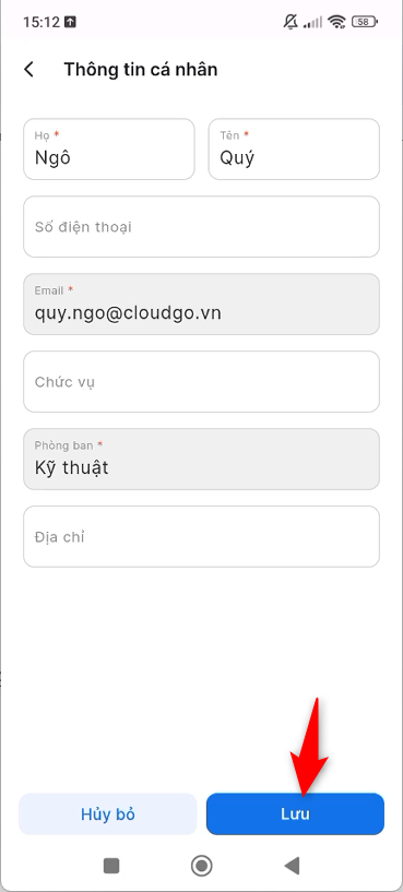 Cập nhật thông tin cá nhân và nhấn lưu