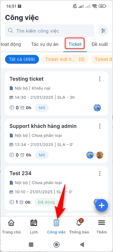 Truy cập tab Ticket