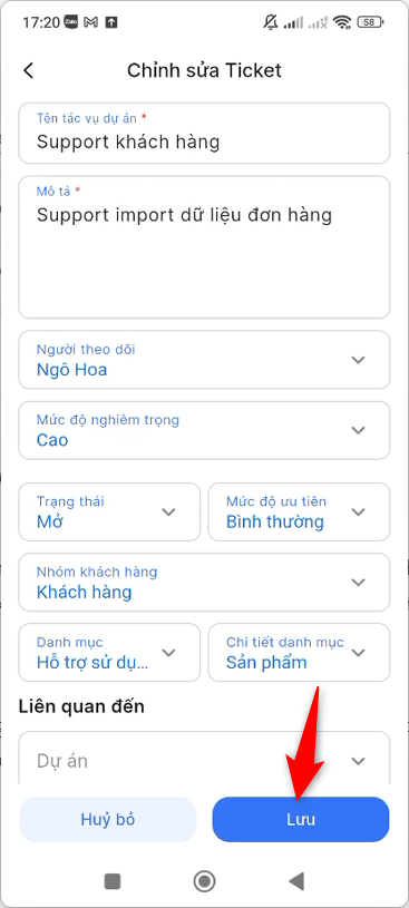 Cập nhật thông tin ticket