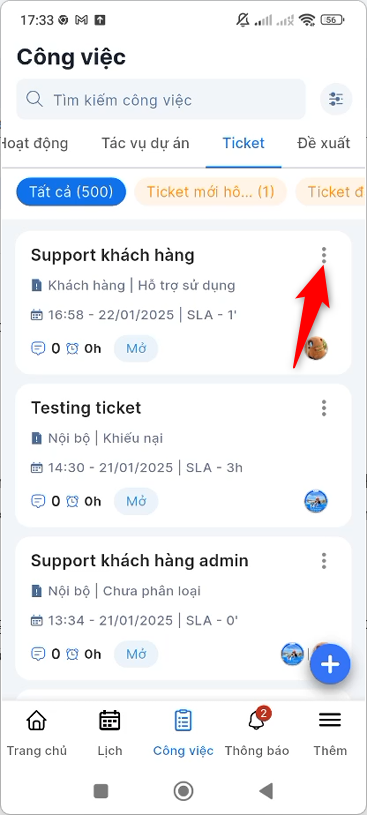 Nhấn icon 3 chấm ở ticket cần xóa