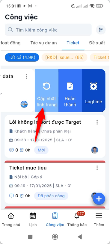 Vuốt trái và chọn Cập nhật tình trạng