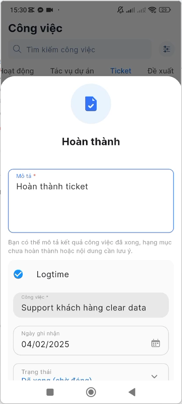 Nhập thông tin cập nhật hoàn thành