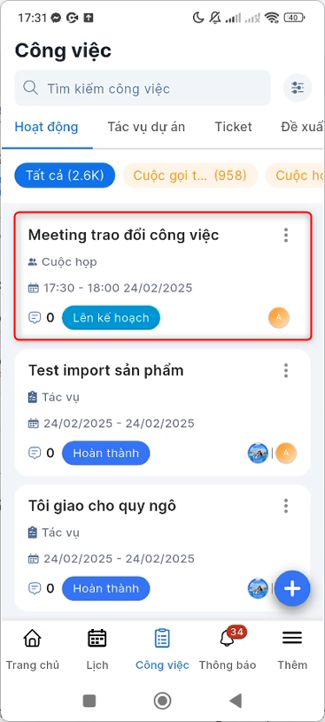 Công việc tương ứng được tạo