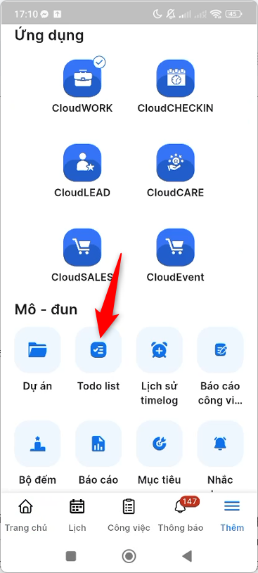 Truy cập màn hình Todo list