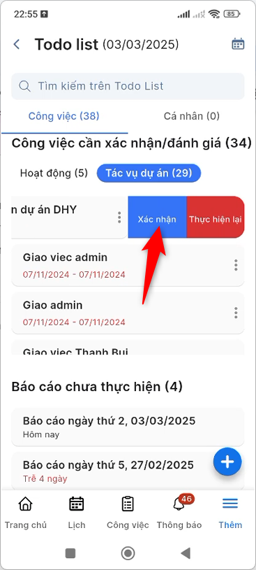 Vuốt trái công việc cần xác nhận