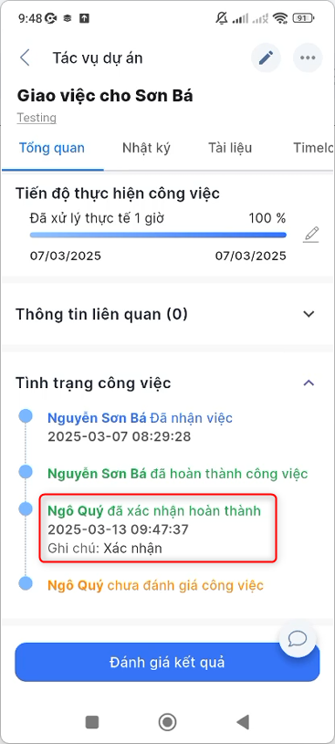 Lịch sử xác nhận hoàn thành công việc
