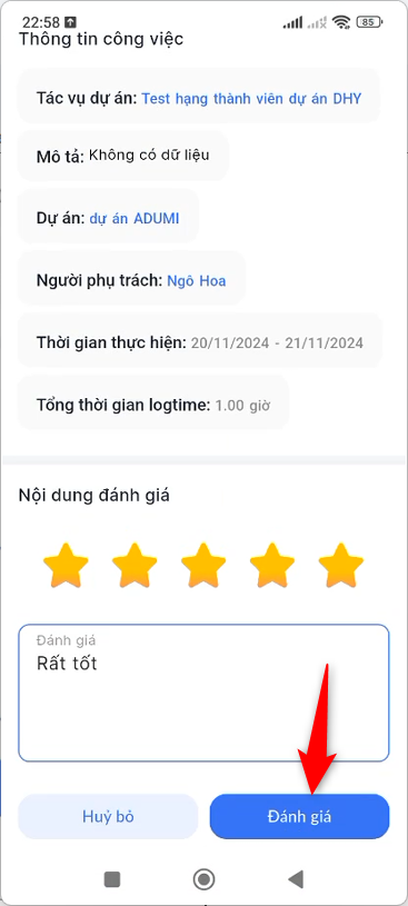 Rate sao và nhập nội dung đánh giá