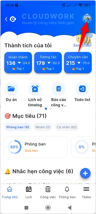 Nhấn avatar user tại Trang chủ