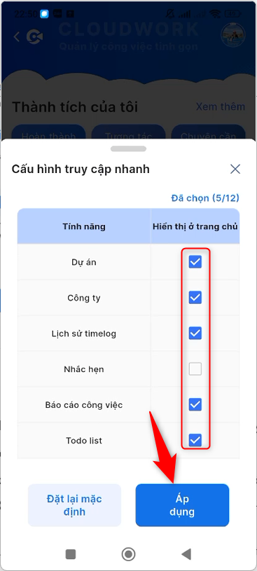 Chọn hoặc bỏ chọn module truy cập nhanh
