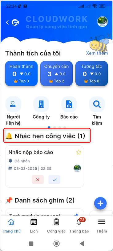 Block Nhắc hẹn công việc tại Trang chủ
