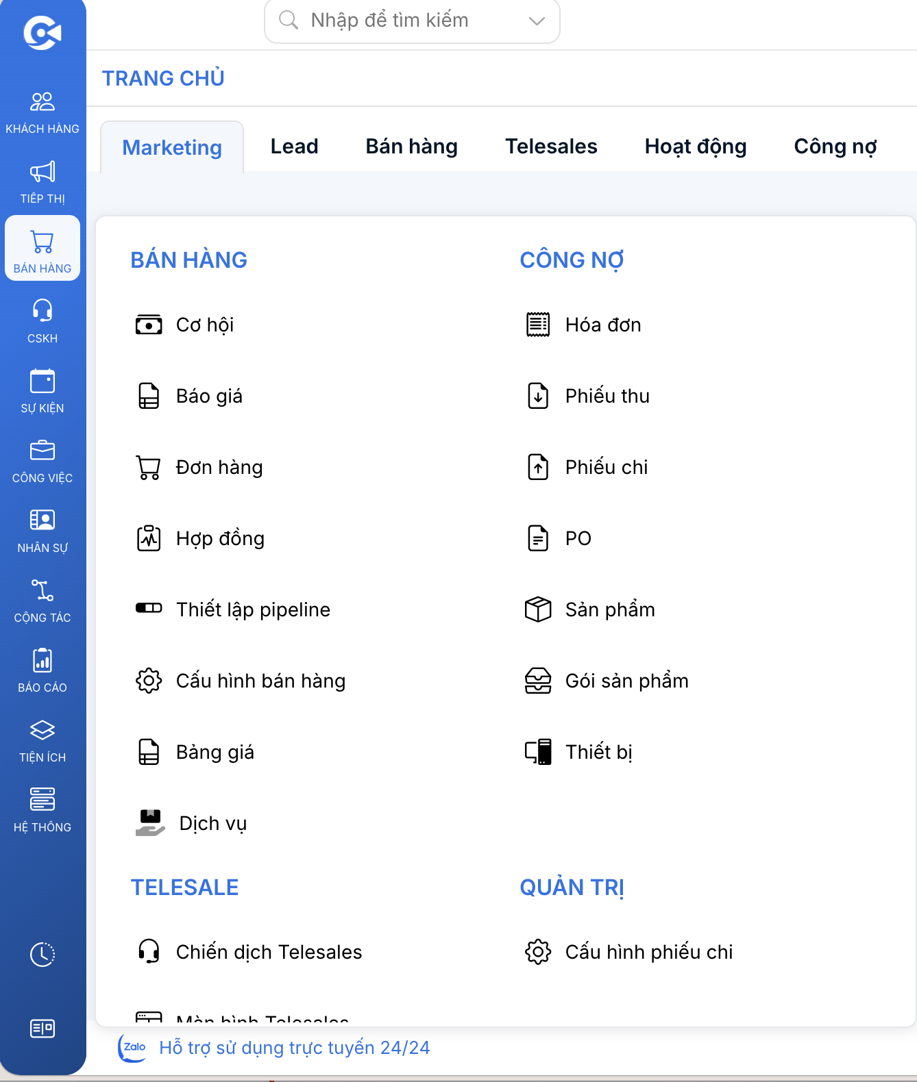 Cây menu đang mở với các danh mục và module hiển thị