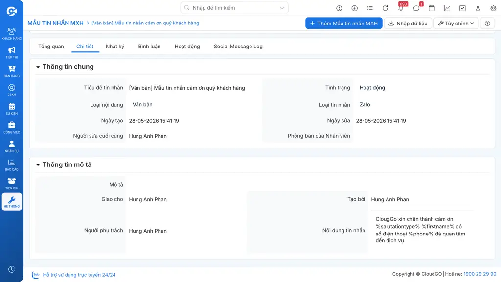 Chi tiết mẫu tin nhắn MXH Loại văn bản đã chèn biến %salutationtype% %firstname% %phone%