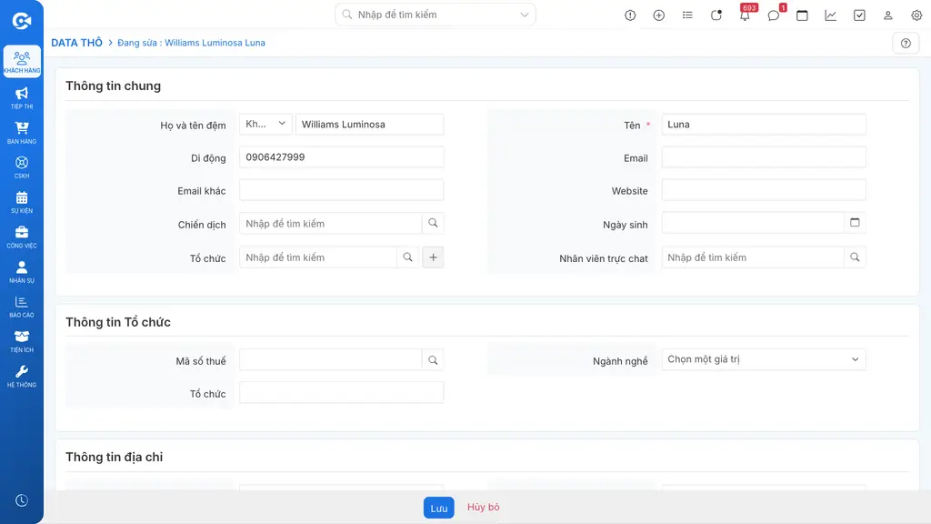 Form chỉnh sửa Data Thô mở từ nút Sửa trên trang chi tiết