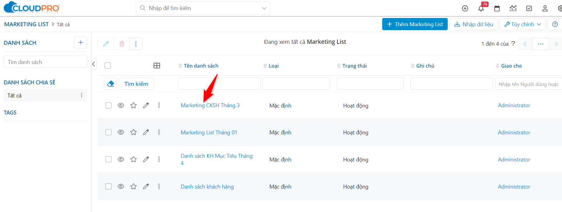 Mở Marketing List để gỡ bỏ khách hàng
