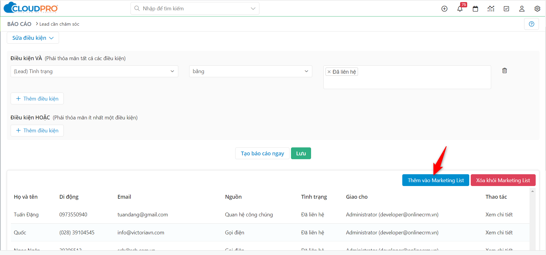 Nhấn Thêm vào Marketing List từ report