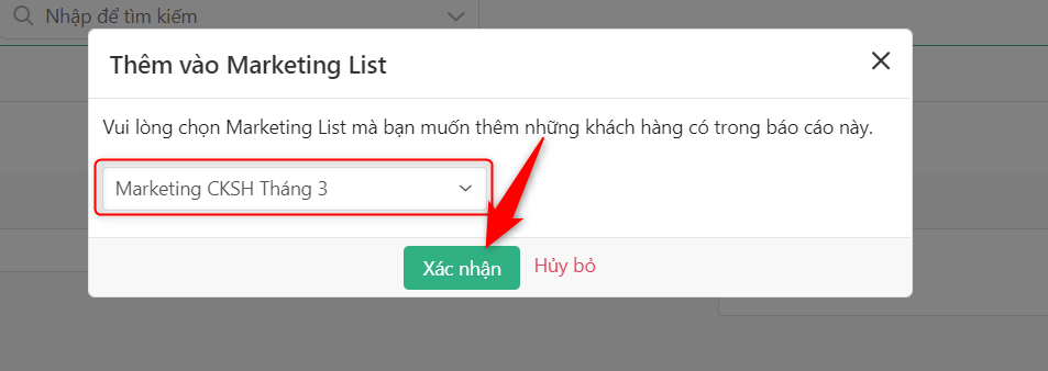 Chọn Marketing List cần thêm