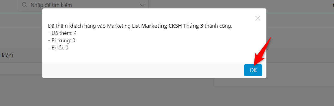 Popup thông báo kết quả thêm khách hàng