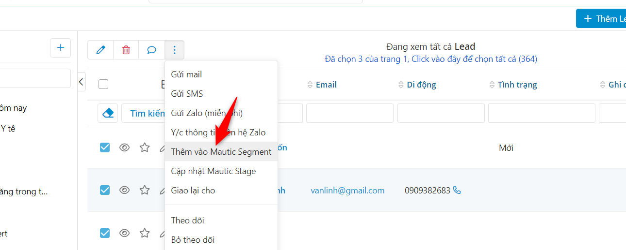 Chọn Thêm vào Mautic Segment