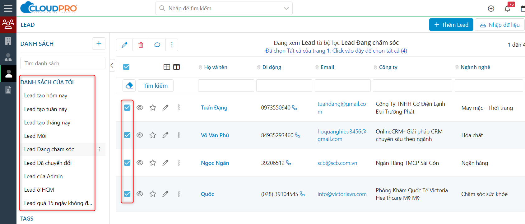 Chọn Lead cần cập nhật Stage