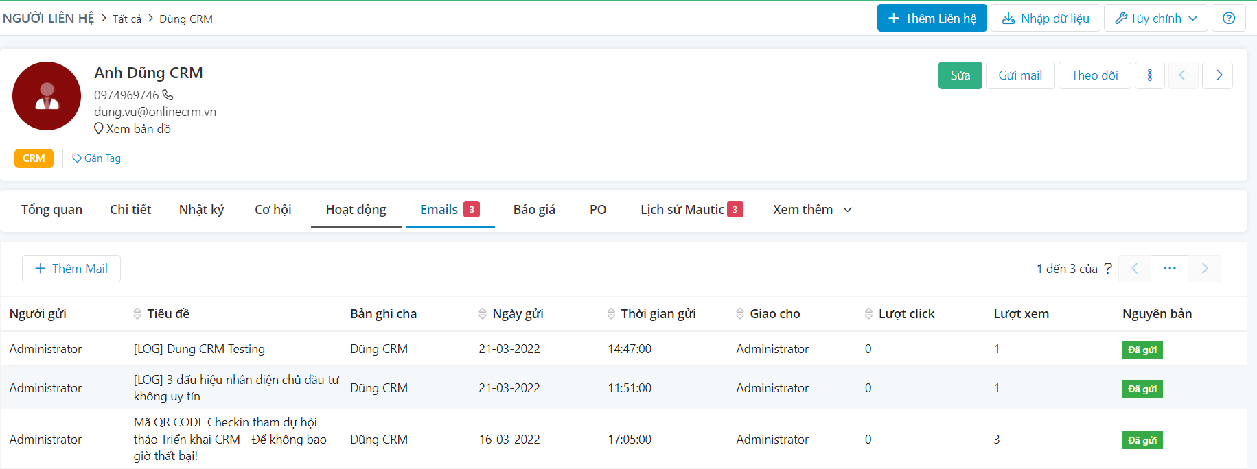 Lịch sử email trên tab Email