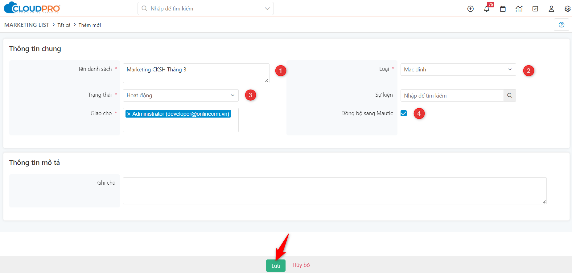 Điền form tạo Marketing List