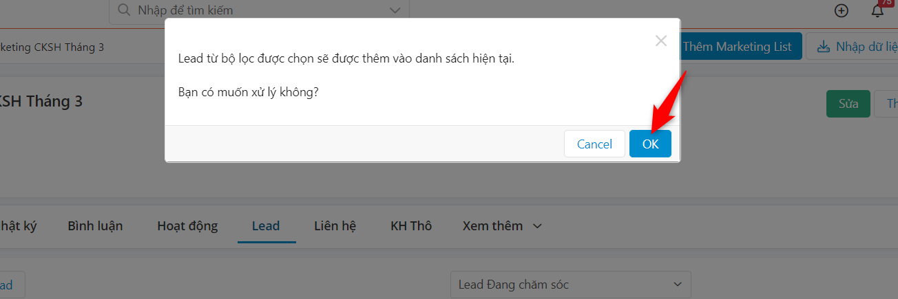 Xác nhận thêm khách hàng vào Marketing List