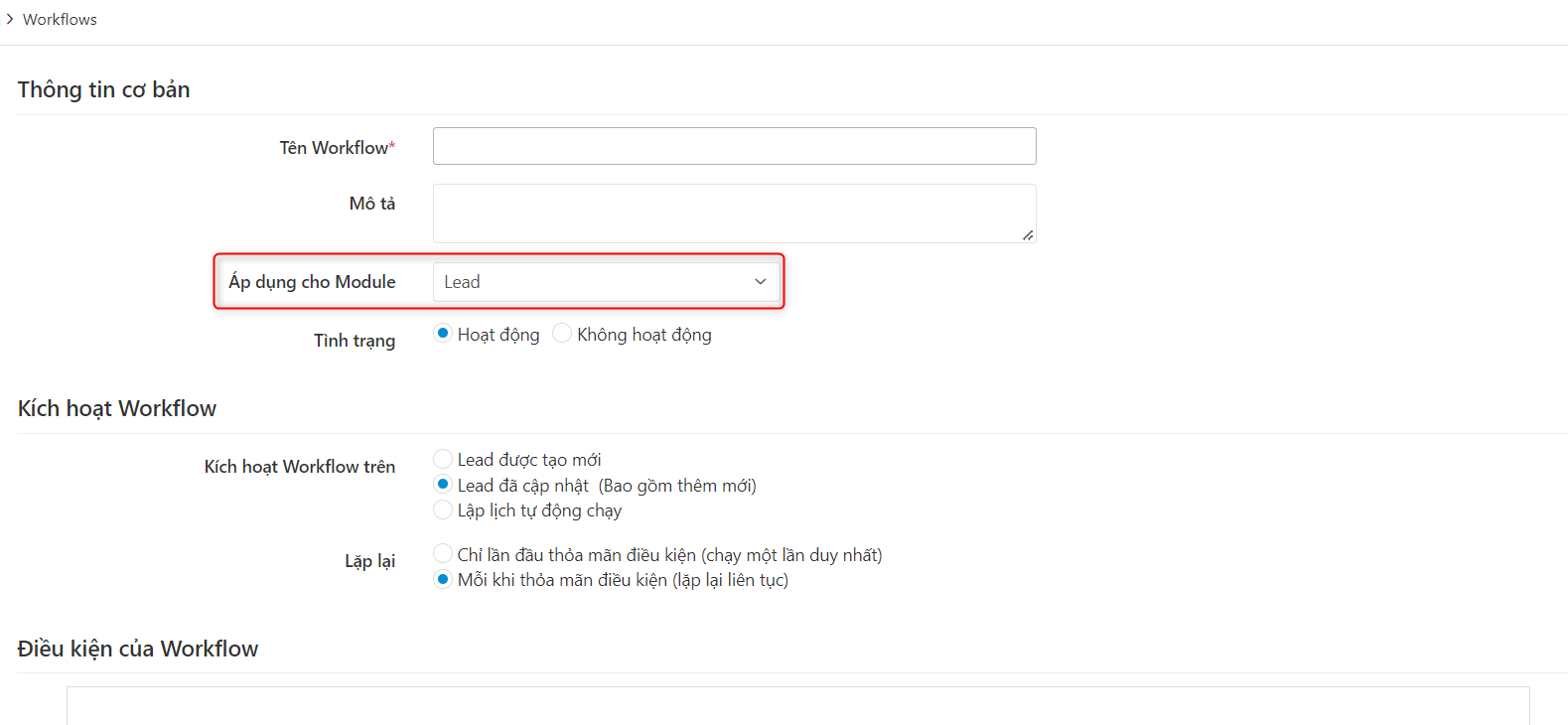 Tạo mới Workflow trên module Lead