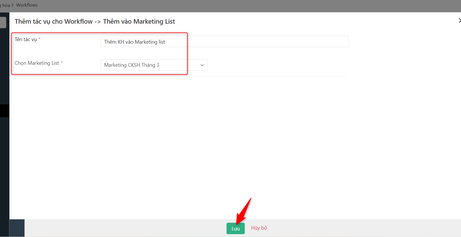 Đặt tên nhiệm vụ và chọn Marketing List