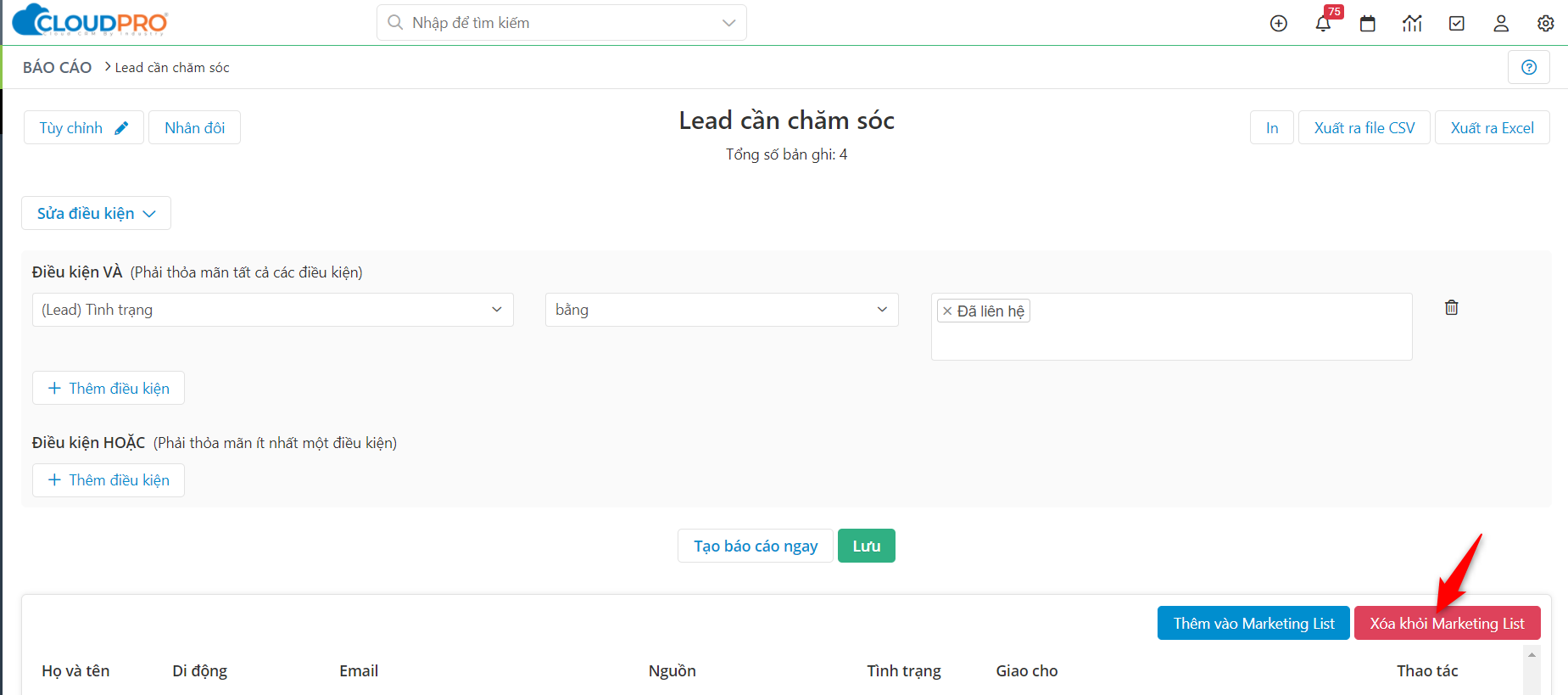 Nhấn Xóa khỏi Marketing List