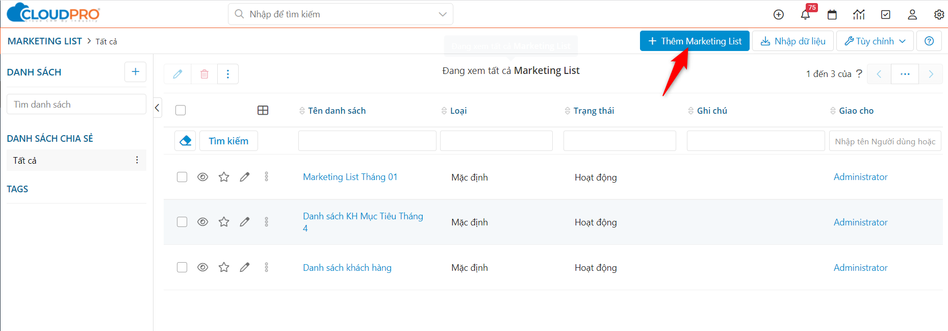 Nhấn nút Thêm Marketing List