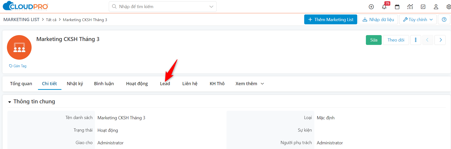Chọn tab Lead trong Marketing List