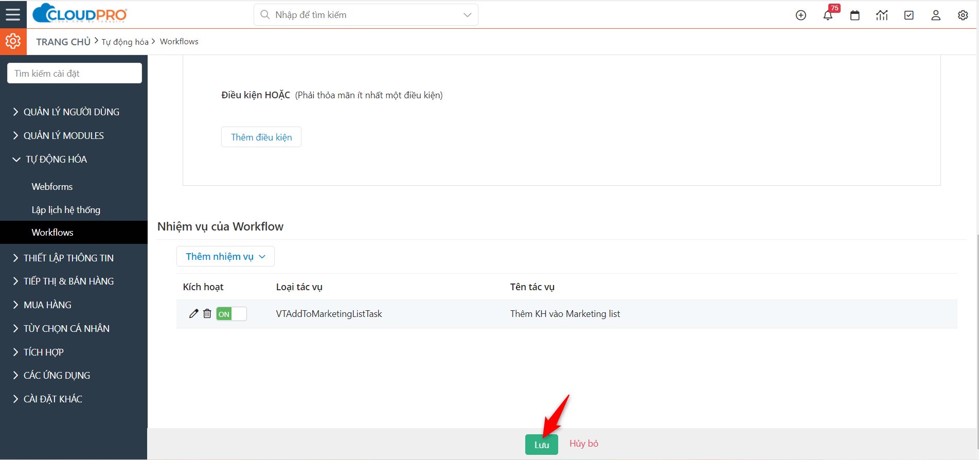 Lưu Workflow hoàn tất