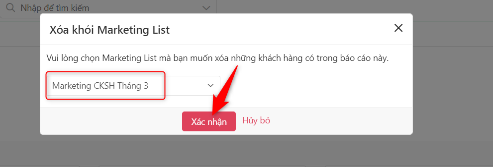 Chọn Marketing List để xóa hàng loạt