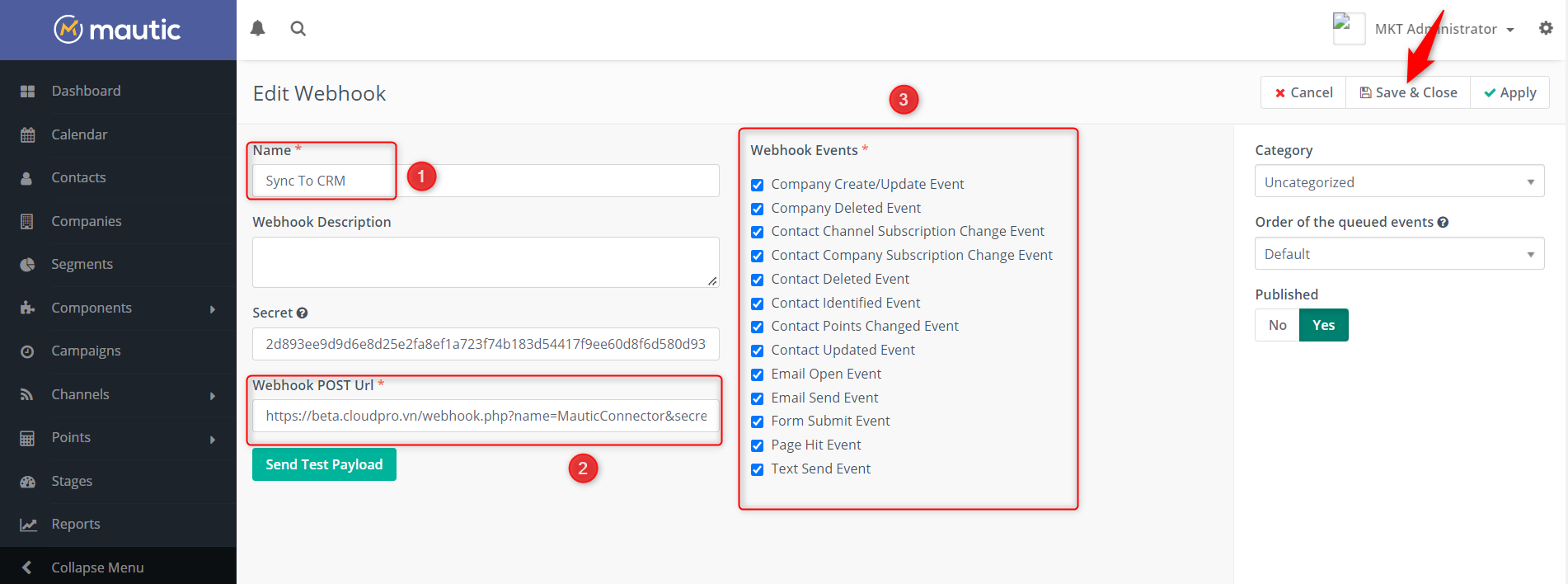 Điền form tạo Webhook Sync To CRM