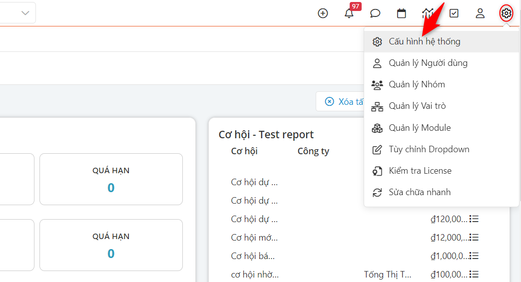 Vào Cấu hình hệ thống trên CRM