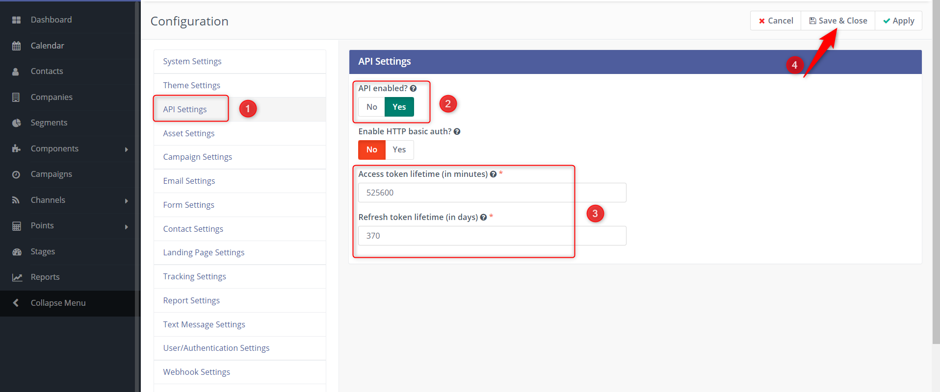 Cập nhật API Settings trên Mautic