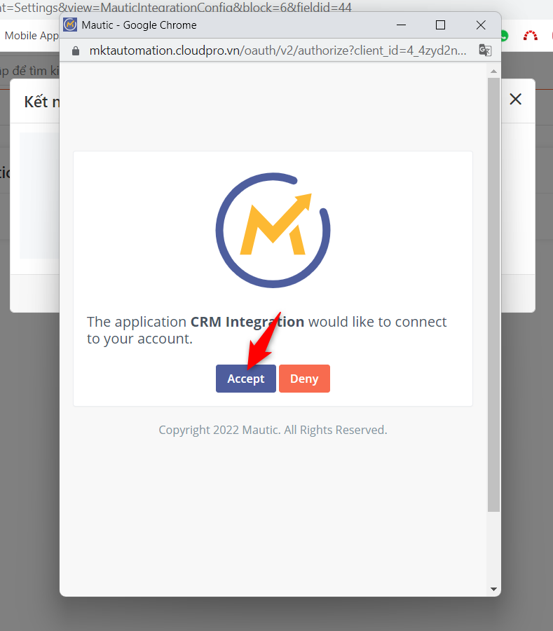 Nhấn Accept cấp quyền cho CRM