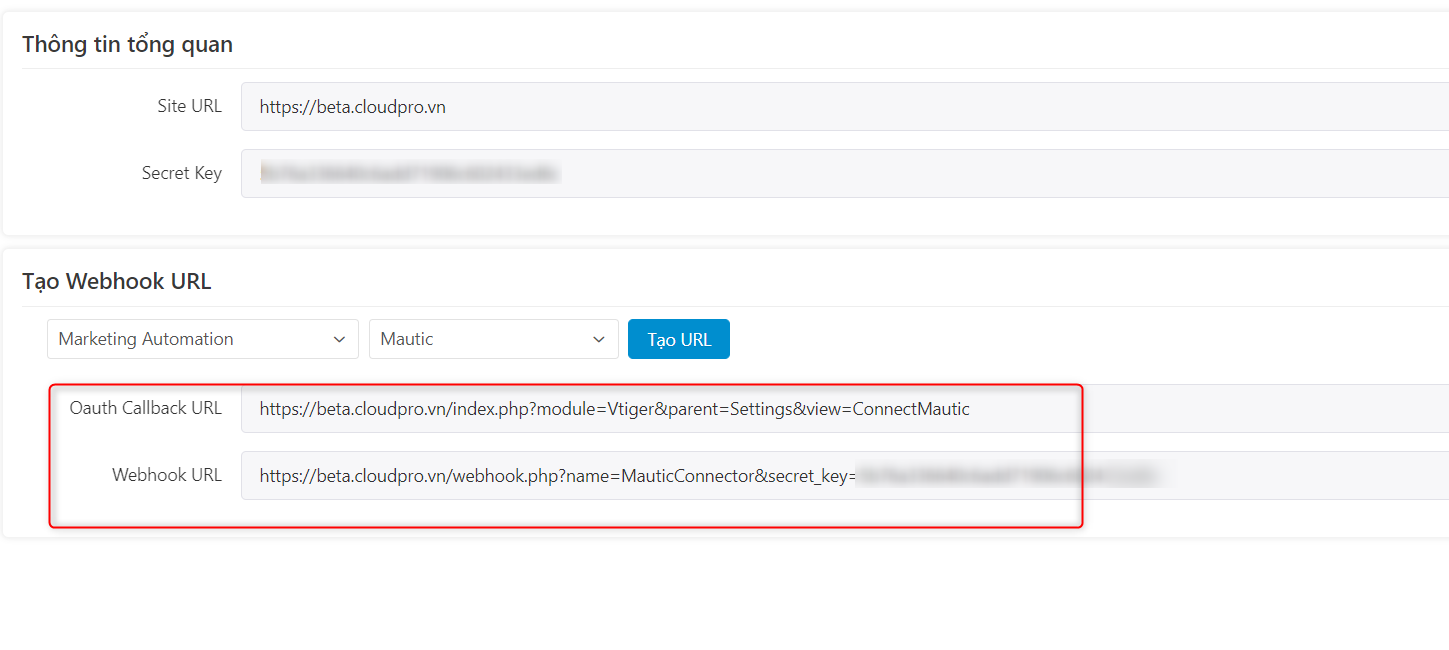 Copy Oauth Callback URL và Webhook URL