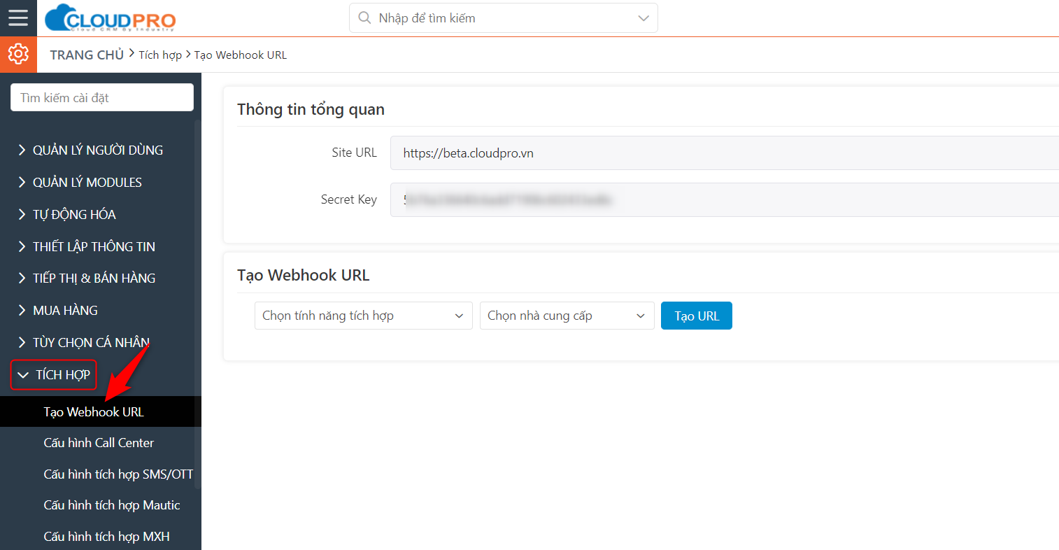 Menu Tích hợp chọn Tạo Webhook URL