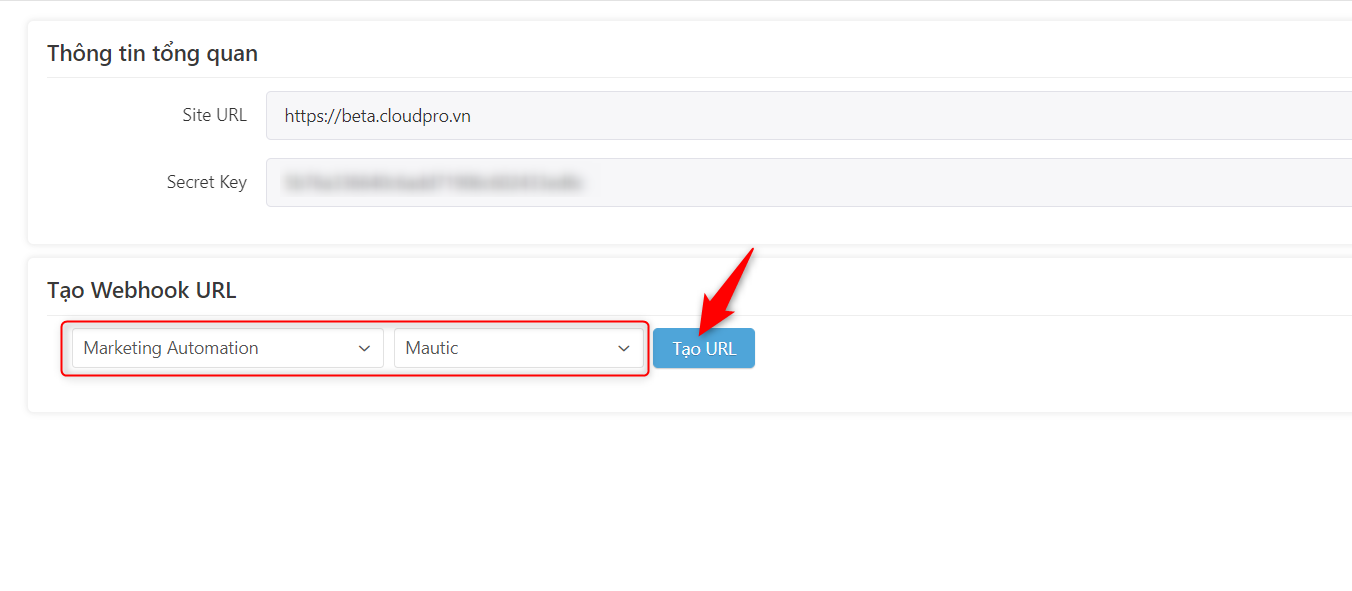 Chọn Marketing Automation Mautic và tạo URL