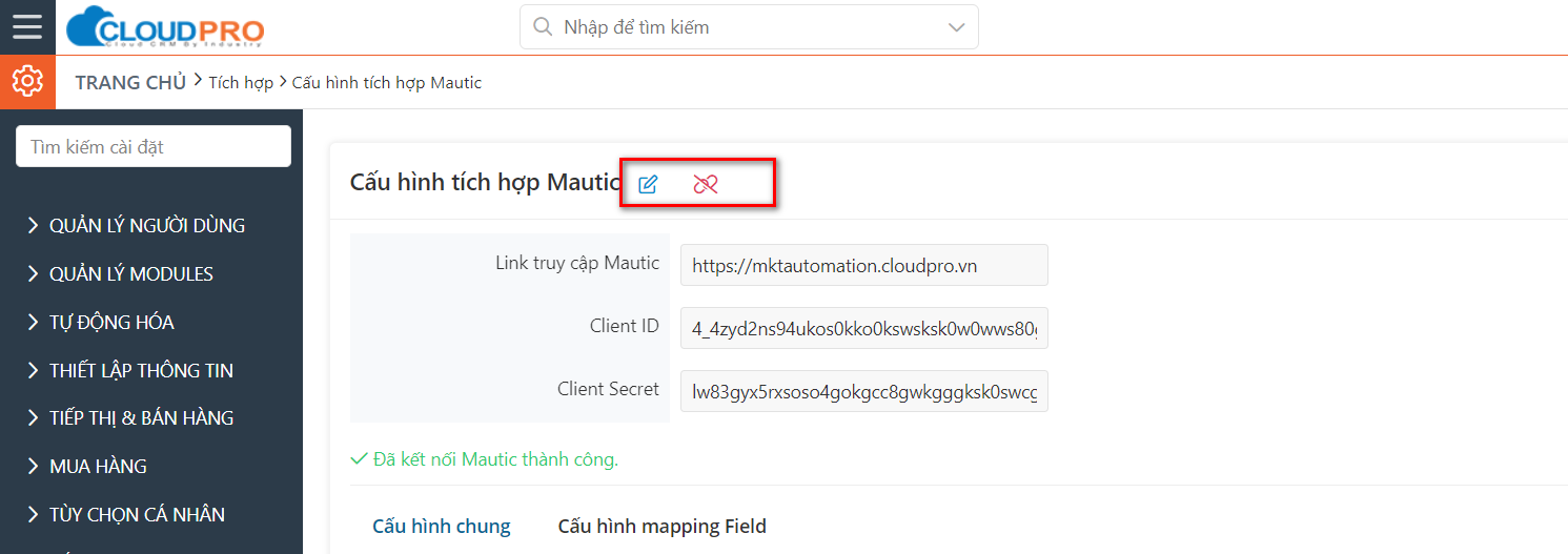 Thông báo lỗi kết nối Mautic