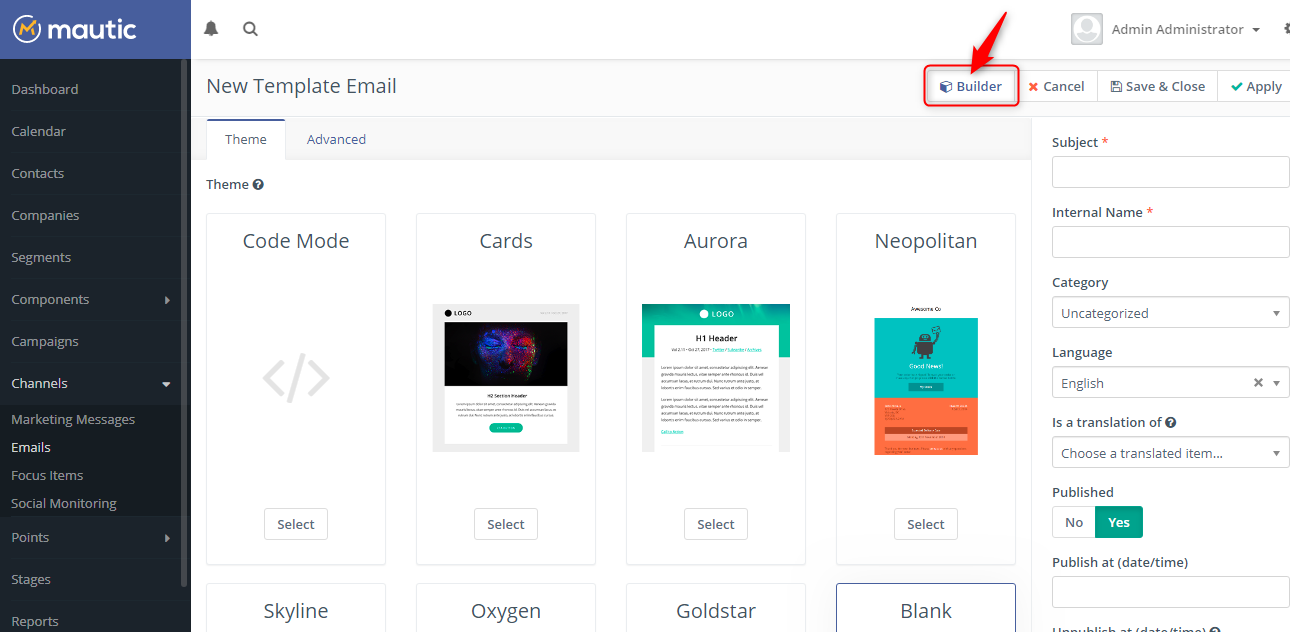 Mở Builder xây dựng mẫu email