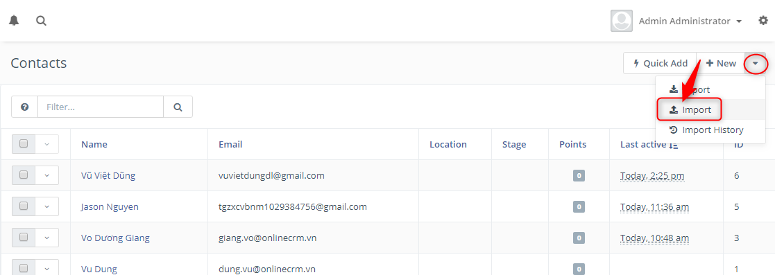 Chọn Import Contact
