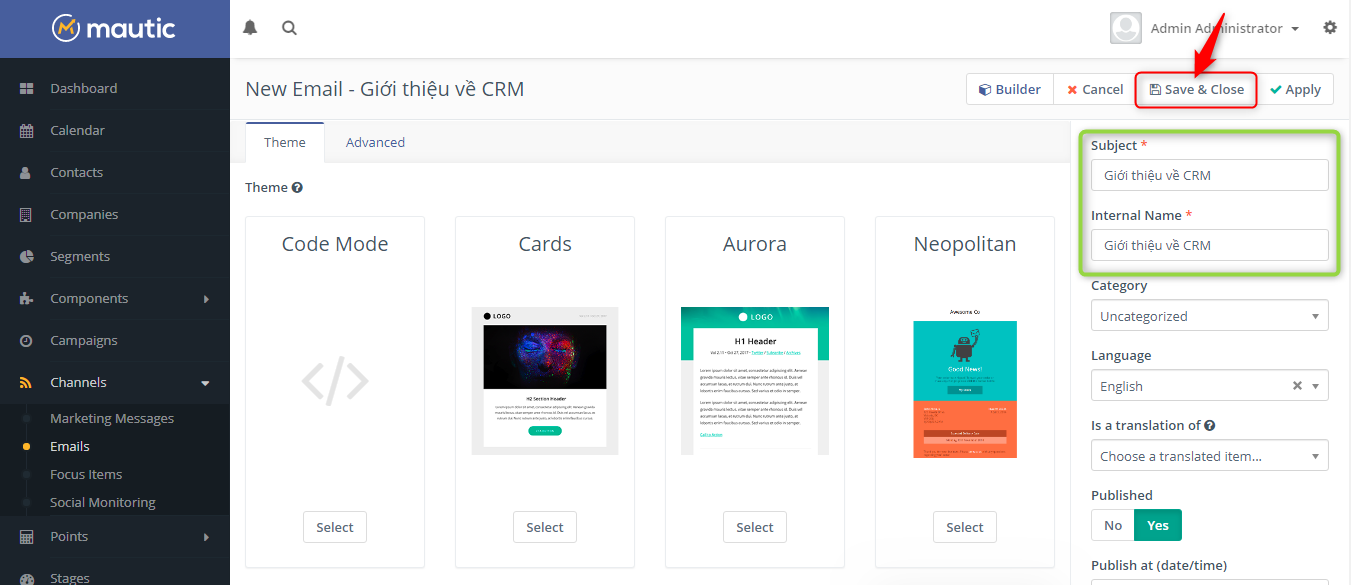 Nhập tiêu đề và lưu Email Template