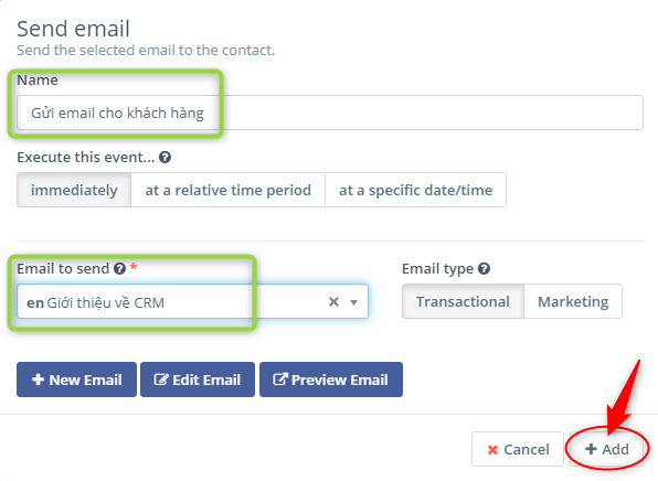 Đặt tên hành động gửi mail nâng cao