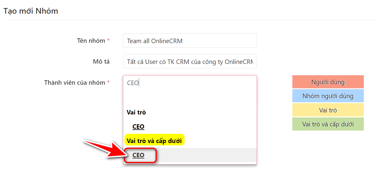 Chọn loại thành viên Vai trò và cấp dưới (màu xanh lá) để lấy toàn bộ nhân viên từ vai trò cao nhất trở xuống