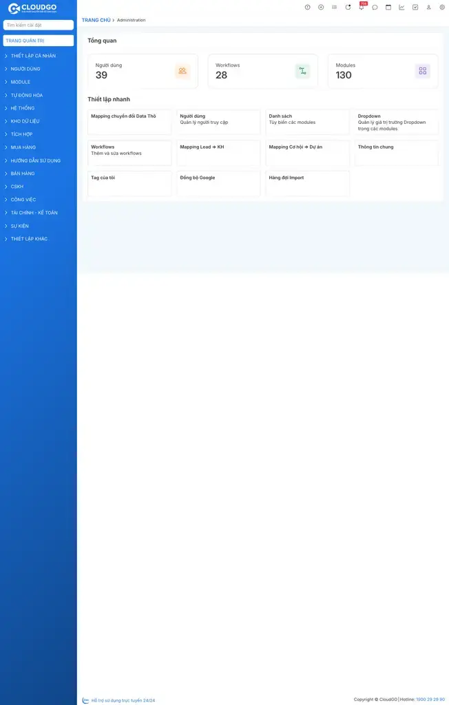 Trang Cấu hình hệ thống (Administration) với các nhóm menu Thiết lập cá nhân, Người dùng, Module, Hệ thống, Kho dữ liệu...
