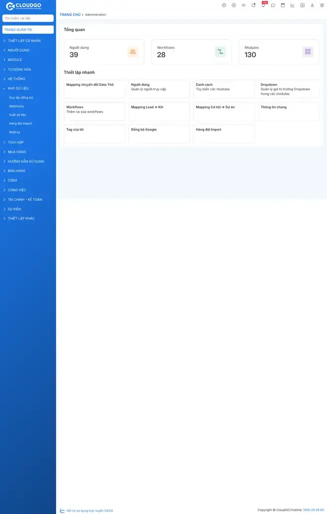 Menu KHO DỮ LIỆU mở rộng với các mục Quy tắc đồng bộ, Webforms, Xuất dữ liệu, Hàng đợi Import, Nhật ký